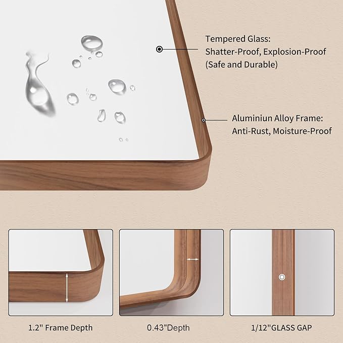LOAAO 40X32 Inch Bathroom Mirror with Wood Grain Colored Metal Frame, Rounded Rectangle Metal Framed Bathroom Mirror, Anti-Rust, Hangs Horizontally or Vertically, Tempered Glass
