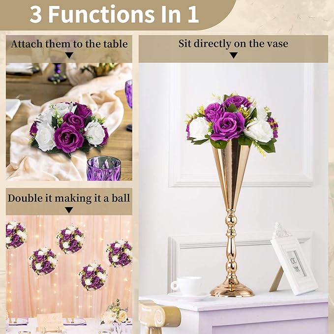 NUPTIO Pcs of 2 Fake Flower Ball Arrangement Bouquet,15 Heads Plastic Roses with Base, Suitable for Our Store's Wedding Centerpiece Flower Rack for Parties Valentine's Day Home Décor (Purple & White)
