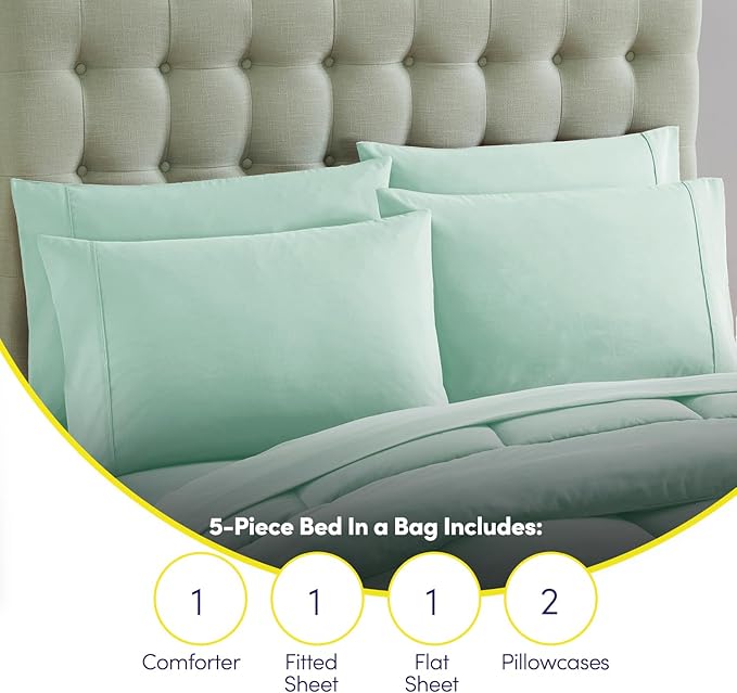 Sweet Home Collection 7 Piece Comforter Set Bag Solid Color All Season Soft Down Alternative Blanket & Luxurious Microfiber Bed Sheets, Mint, Twin