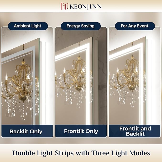 Keonjinn LED Mirror for Bathroom 22" x 30" with Frontlit and Backlit, Stepless 3 Colors Temperature & Dimmable Lighted Wall Mirror, Double LED Strips & UL Listed Driver, Anti Fog Mirrors with Light