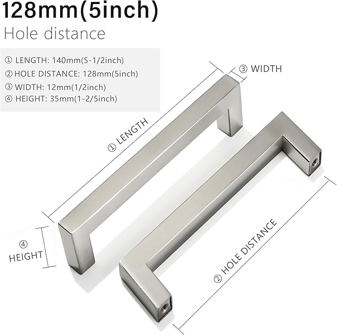Cabinet Pulls Brushed Nickel Cabinet Handles Square Drawer Pulls, 2 Pack 5 Inch Stainless Steel Kitchen Door Cupboard Cabinet Handles, Cabinet Hardware Drawer Handles, 128mm Hole Centers