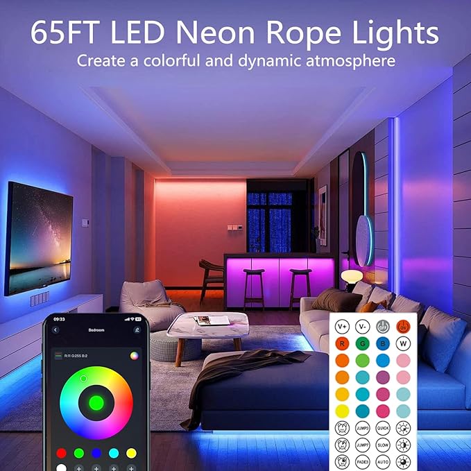 65.6FT Neon Rope Lights,Flexible Led Light Control with App/Remote,Multiple Modes,IP67 Outdoor Waterproof,Music Sync Strip for Bedroom