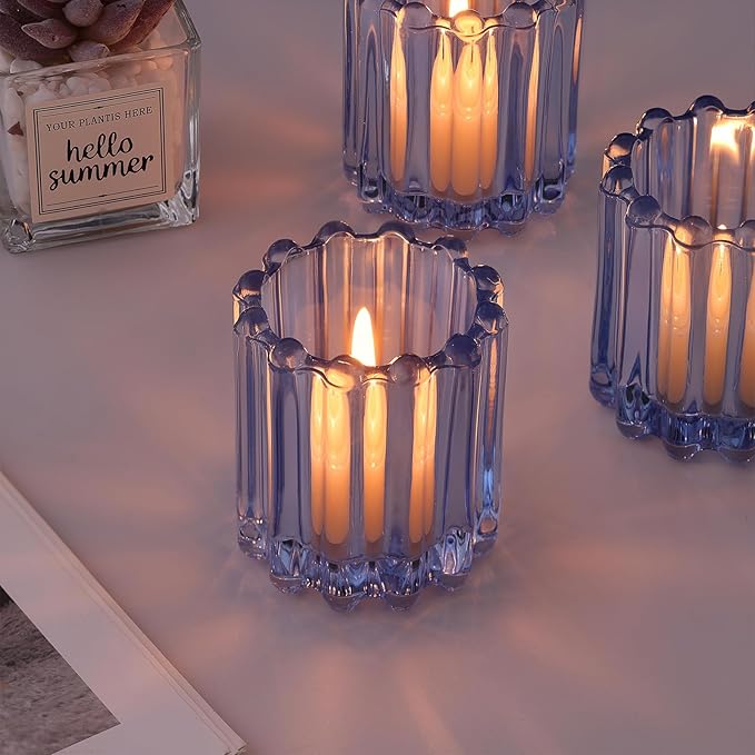 6 PCS Votive Candle Holder, Blue Glass Candle Holders, Tealight Candle Holder for Wedding Centerpieces Dinner Party Baby Shower Table Decor