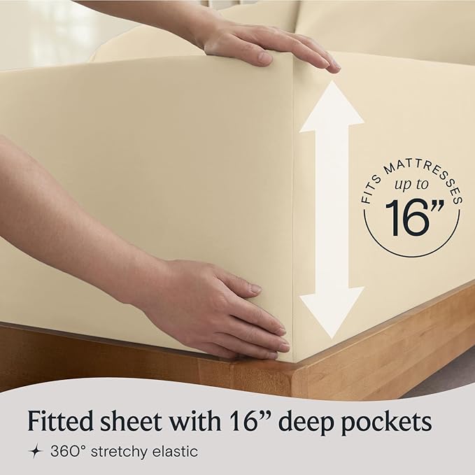 LuxClub 4 PC Queen Sheet Set, Queen Size, Deep Pockets Wrinkle Free Cooling Bed Sheets Machine Washable Hotel Bedding Silky Soft - Cream Queen