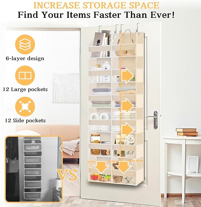 Over the Door Organizer 6 Tiers, Extra Large Behind Door Storage of 12 Compartments,80 lbs Weight Capacity Hanging Storage Organizer with Clear Window Kids Toys, Shoes, Diapers,Beige