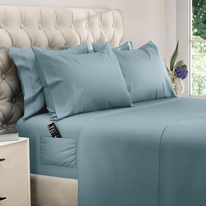 DREAMCARE Queen Sheet Set – 6 pcs Cooling Bed Sheets – up to 21” Deep Pocket Queen Sheets Set – 2500 Supreme Collection – Extra Soft 100% Brushed Microfiber Hotel Luxury with Side Pocket -Mineral Blue