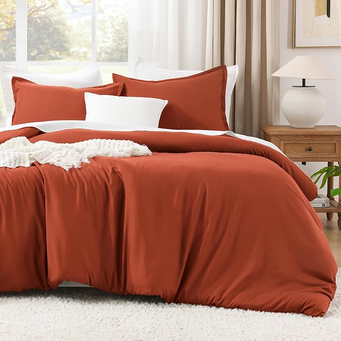 Litanika Comforters Burnt Orange Oversized Queen Size, 3 Pieces Lightweight Solid Bedding Comforter Set, All Season Fluffy Bed Set (98x98In Comforter & 2 Pillowcases)