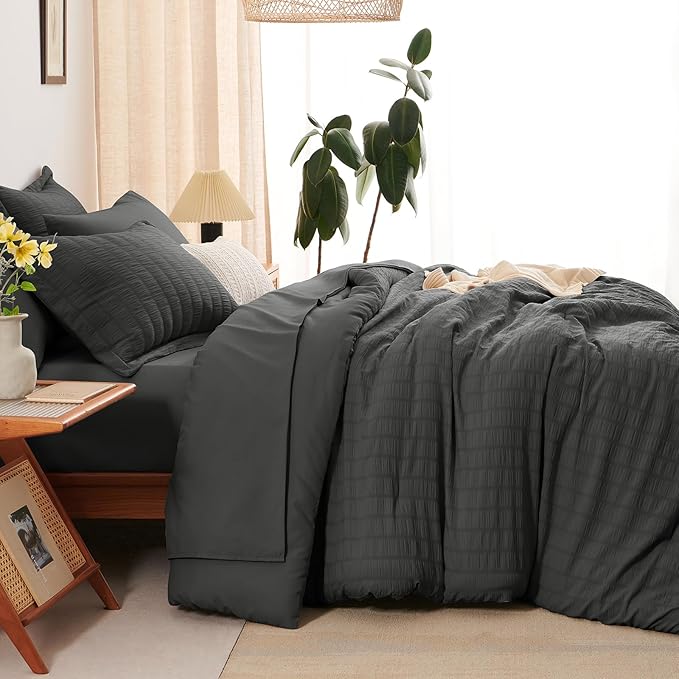 CozyLux California King Comforter Set with Sheets 7 Pieces, Dark Grey Seersucker Bed in a Bag Cal King Luxury Soft Bedding Sets with Down Alternative Comforter, Sheets, Pillowcases & Shams All Season