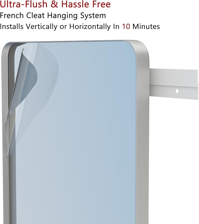 VocalStar 22 x 30 Inch Silver Bathroom Mirror for Wall, Rounded Rectangle Nickel Metal Framed Bathroom Vanity Mirrors, 1/4-inch Shatterproof Glass | Ultra-Flush Hanging