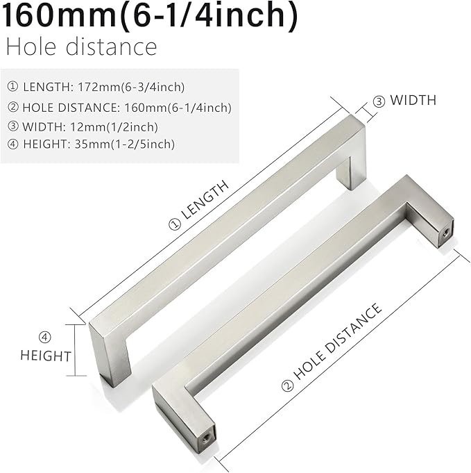 Cabinet Pulls Brushed Nickel Cabinet Handles Square Drawer Pulls, 2 Pack 6-1/4 Inch Stainless Steel Kitchen Door Cupboard Cabinet Handles, Cabinet Hardware Drawer Handles, 160mm Hole Centers