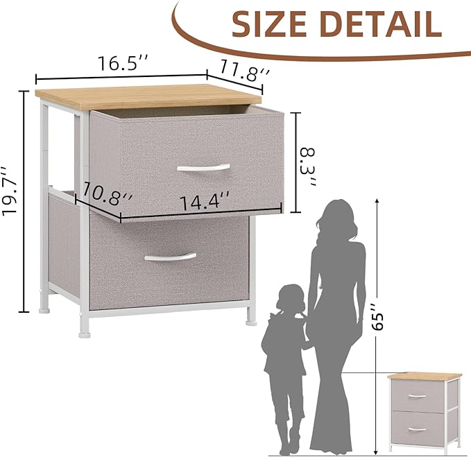 Somdot Nightstand with 2 Drawers, Bedside Table Small Dresser with Removable Fabric Bins for Bedroom Nursery Closet Living Room - Sturdy Steel Frame, Wood Top, Pull Handle - Ash Grey
