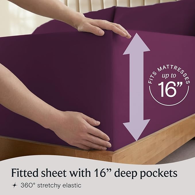 LuxClub 4 PC Full Sheet Set, Breathable Luxury Bed Sheets, Deep Pockets Wrinkle Free Cooling Bed Sheets Machine Washable Hotel Bedding Silky Soft - Eggplant Full