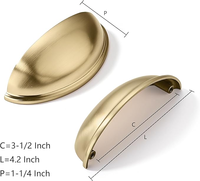 khtumeware 2 Pack 3-1/2" Drawer Pulls Brushed Brass Cabinet Cup Pulls Kitchen Hardware Cabinet Handles Drawer Handles Knobs 3.5 inch Hole Center