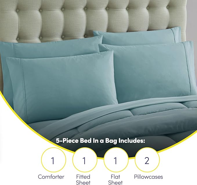 Sweet Home Collection 5 Piece Comforter Set Bag Solid Color All Season Soft Down Alternative Blanket & Luxurious Microfiber Bed Sheets, Misty Blue, Twin