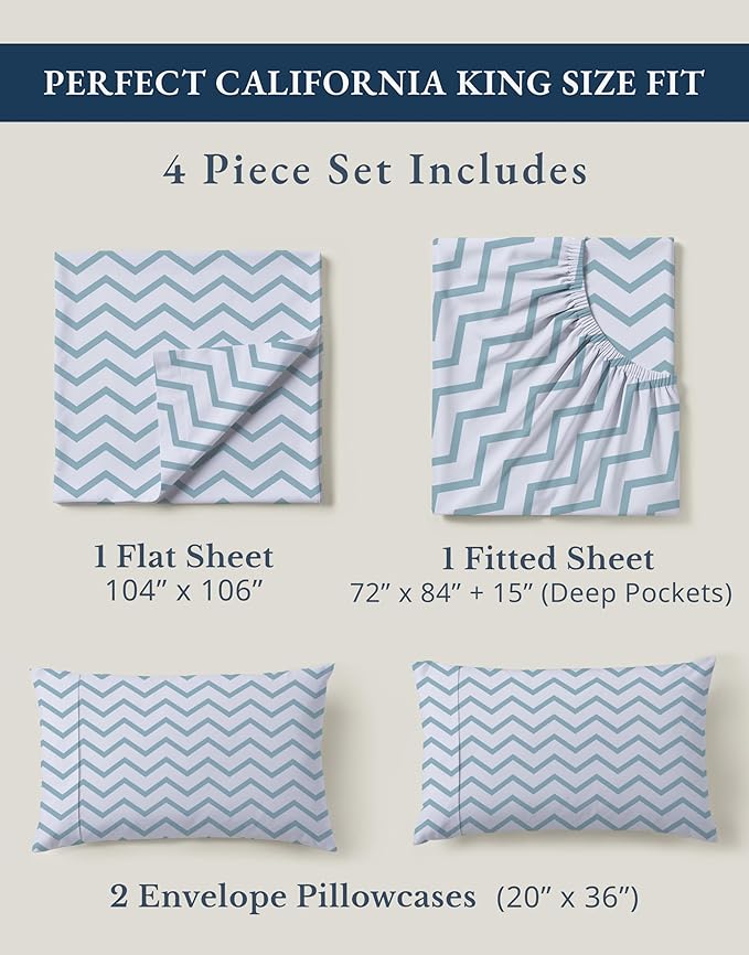 LANE LINEN 100% Organic Cotton Printed California King Sheets Set, 4-Piece All Seaons Soft & Comfy Mercerized Fully Elasticized Naturally Temperature Regulating Printed Cotton Cal King Sheets -Chevron