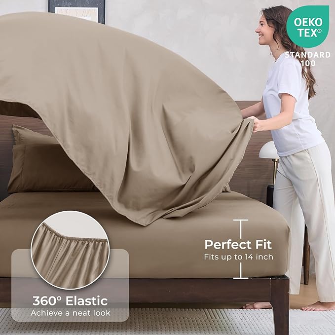 HEVUMYI Khaki Cali-King Comforter Set - 7-Piece All Season Bed in a Bag Cali-King, Ultra Soft Bedding Set with Comforter, Flat Sheet, Fitted Sheet, Pillowcases, Pillow Shams