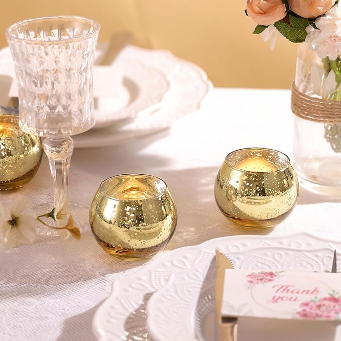 LAMORGIFT 12 Pcs Gold Votive Candle Holders -Gold Mercury Glass Candle Holders, Diwali Decorations for Home, Wedding Centerpieces for Tables, Christmas Tea Light Holders