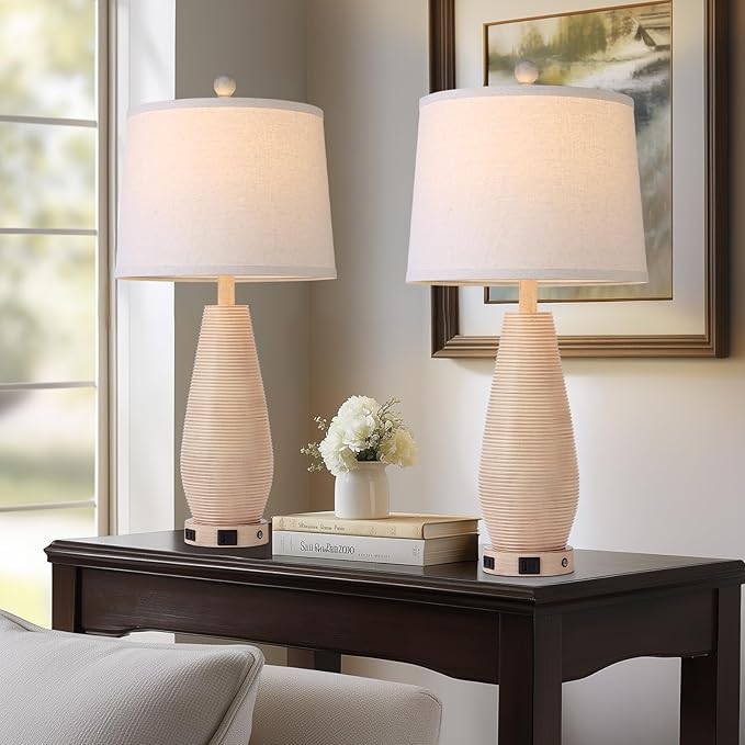 Farmhouse Table Lamps Set of 2 with USB C+A Ports and AC Outlet, 3 Way Touch Rustic Bedside Lamps for Living Room, 26.5" Cream Vintage Lamps for Bedroom Nightstand