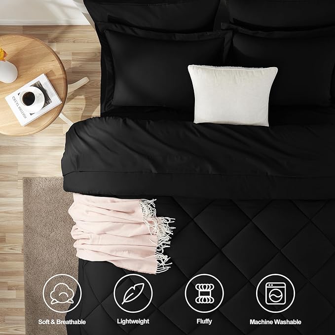 CozyLux California King Comforter Set Black - Cal King Bed in a Bag 7 Pieces, Luxury Soft Bed Set for All Seasons, Bedding Set with Down Alternative Comforter, Sheets, Pillowcases & Shams