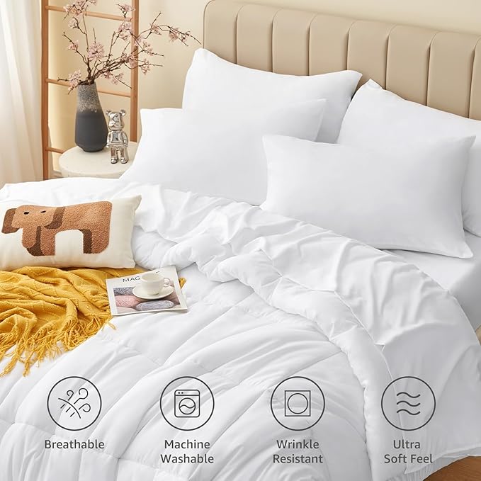 CozyLux Twin Comforter Set with Sheets White, 5 Pieces Bed in a Bag, White Comforter Twin Size, All Season Bedding Set with Stitch Quilted Comforter, Flat Sheet, Fitted Sheet, Pillowcases