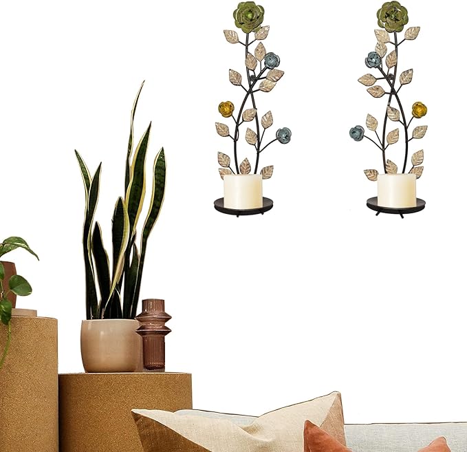 Wall Sconces Candle Holder Set of 2, Antique White Leaf and Flower Branch Wall Mount Hanging Metal Wall Candle Holder Candle Sconce for Living Room Dining Room