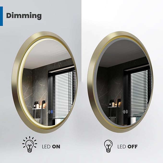 Round LED Bathroom Mirror with Lights, Front Lit Makeup Mirror, Anti-Fog, 3 Colors and Dimmable Light, 36 Inch Gold Frame