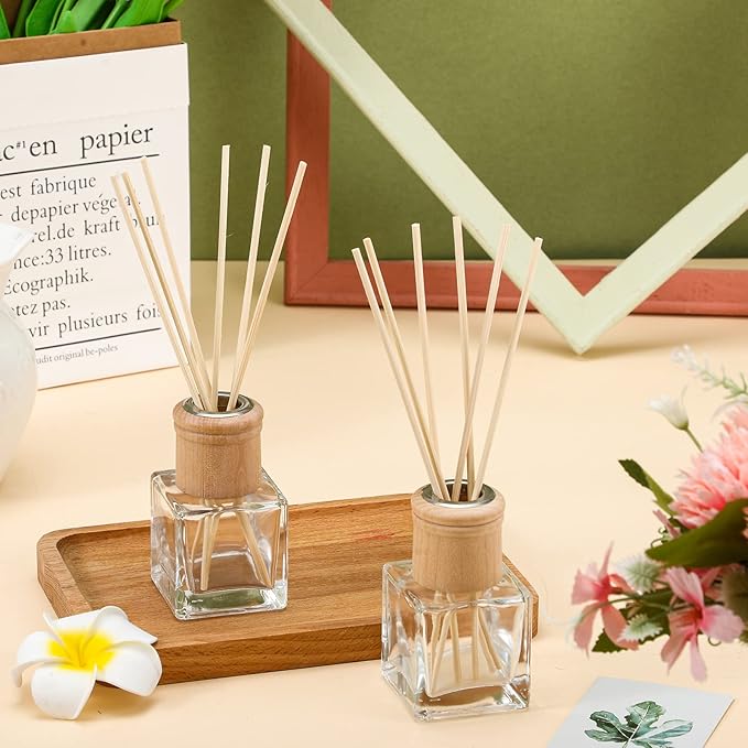 Roshtia 20 Set Reed Diffuser Bottle Empty Fragrance Glass Diffuser Bottles Refillable Diffuser Bottles Set with Wooden Caps and Rattan Sticks 50ml 1.7 Oz Diffuser Glass Jars for DIY Fragrance (Square)