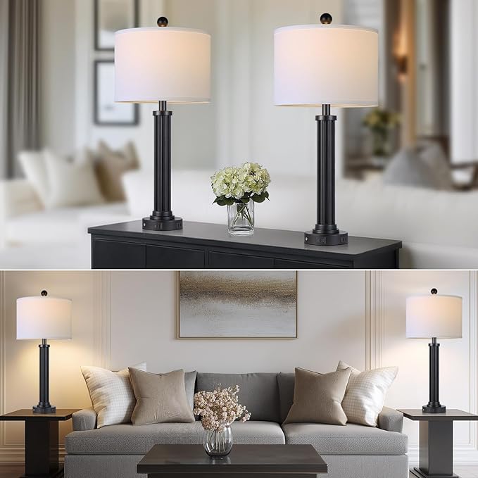 28" Tall Modern Table Lamps Set of 2 with USB C+A Ports and AC Outlet, 3 Way Touch Metal Bedside Lamps for Living Room, Black Nightstand Lamps for Bedroom