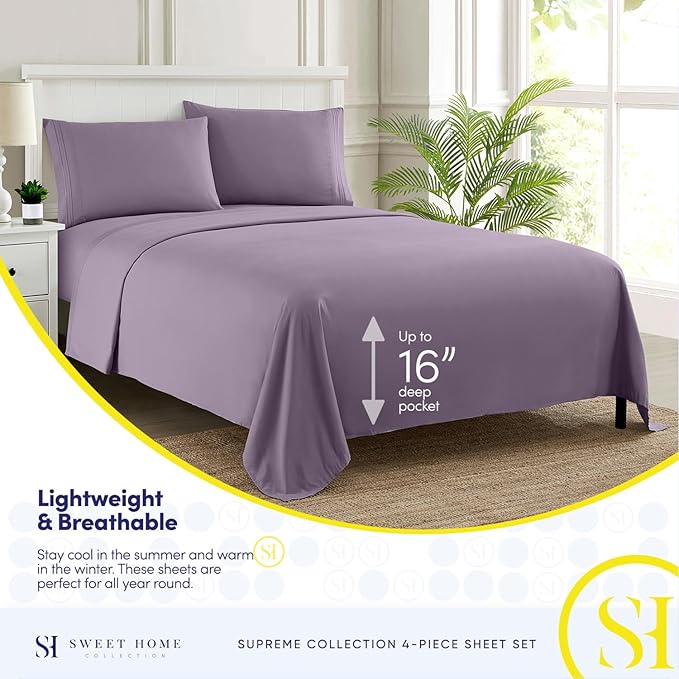 Queen Size Bed Sheets - Breathable Luxury Sheets with Full Elastic & Secure Corner Straps Built In - 1800 Supreme Collection Extra Soft Deep Pocket Bedding Set, Sheet Set, Queen, Plum