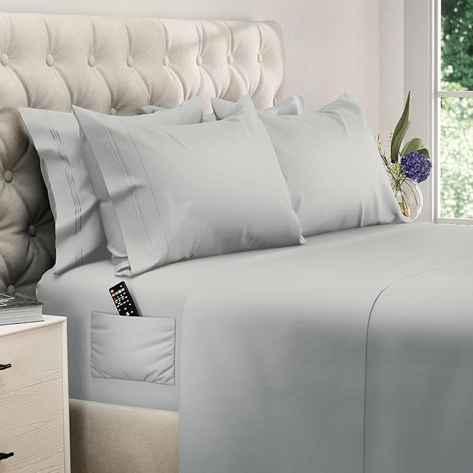 DREAMCARE King Size Sheets Set – 6 pcs Cooling Bed Sheets – up to 15” Deep Pocket King Sheet Set – 2500 Supreme Collection – Extra Soft 100% Brushed Microfiber Hotel Luxury with Side Pocket – L Gray