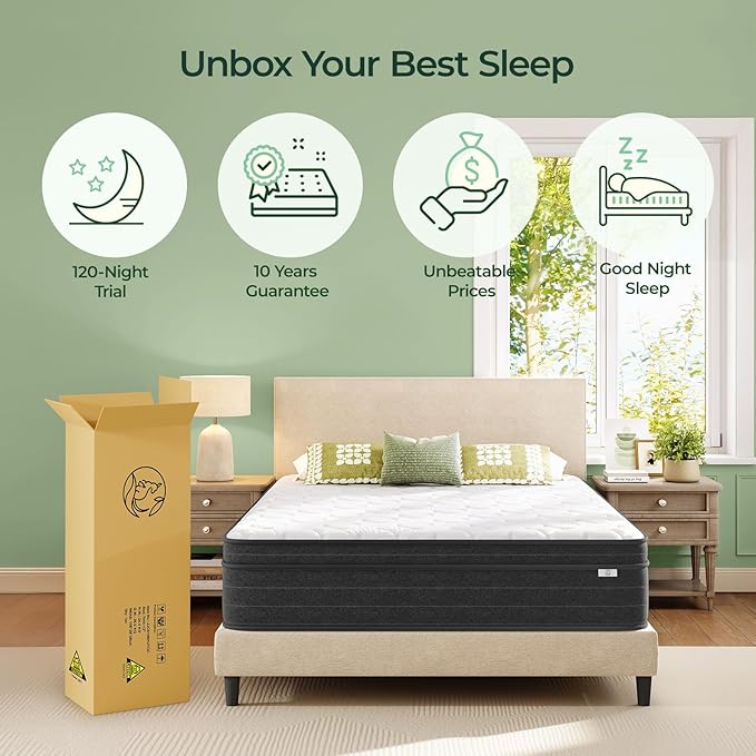 koorlian 12 Inch Full Size Mattress in a Box for Back Pain, Medium Firm Feel Fiberglass Free Hybrid Mattress with Individual Pocket Springs and Pressure-Relieving Memory Foam, 120-Night Trial