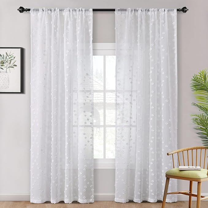 MYSKY HOME Pom Pom White Sheer Curtains for Bedroom Girls Room Curtains 84 Inches Long for Nursery Kids Light Filtering Boho Window Drapes, Rod Pocket, 38" Wide, 2 Panels