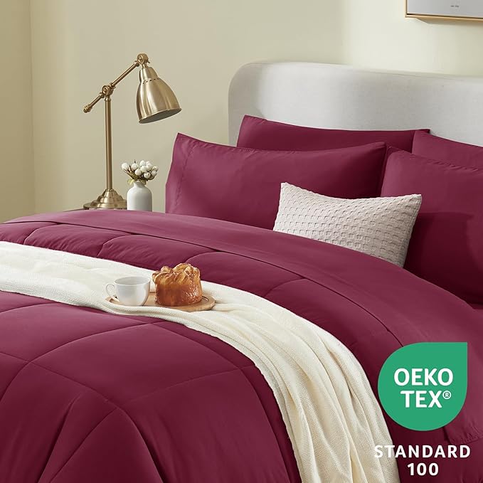 CozyLux Full Size Comforter Sets Burgundy, 7 Pieces Bed in a Bag, Red Comforter Full Size, All Season Bedding Sets with Stitch Quilted Comforter, Flat Sheet, Fitted Sheet, Pillowcases