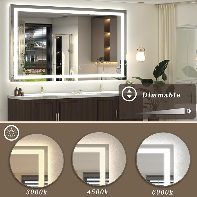 LED Mirror for Bathroom 55x30, Dimmable Lighted Vanity Mirror with Lights for Wall, Anti-Fog, Tempered Glass, ETL Listed (Backlit + Front Lights)