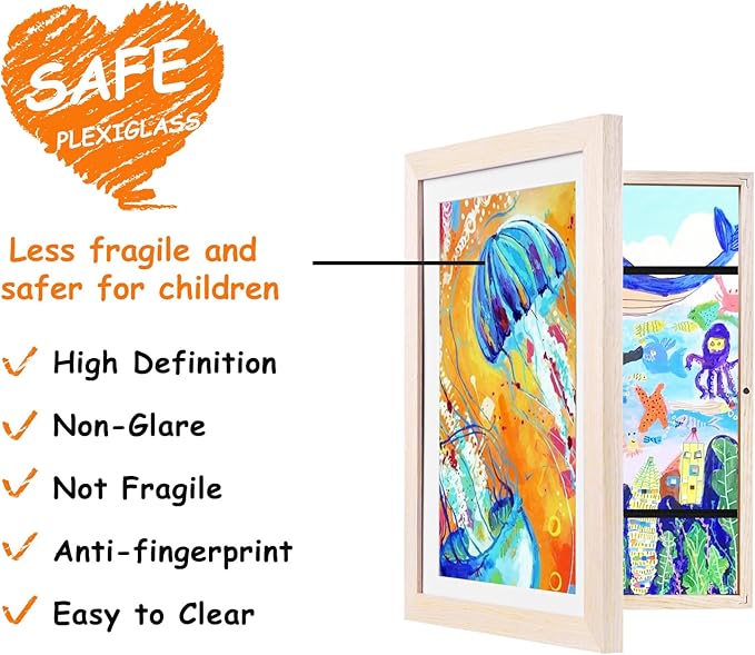 KINLINK A4 Kids Art Frames Set of 2, Solid Wood Kids Artwork Frames Changeable with Acrylic Front Opening Holds 150 Pictures 8.3x11.7, Art Frame for Kids Artwork with Mat or without Mat, Natural
