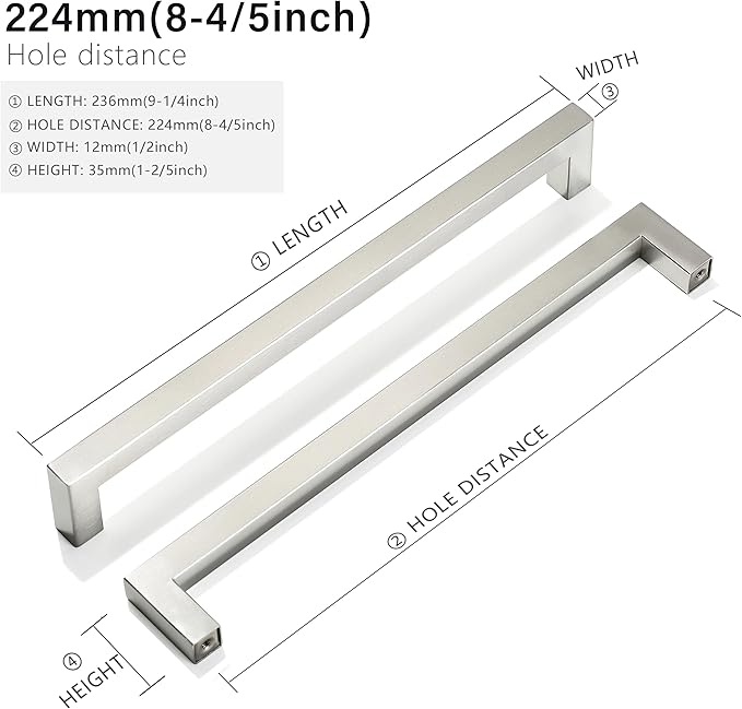 Cabinet Pulls Brushed Nickel Cabinet Handles Square Drawer Pulls, 50 Pack 8-4/5 Inch Stainless Steel Kitchen Door Cupboard Cabinet Handles, Cabinet Hardware Drawer Handles, 224mm Hole Centers