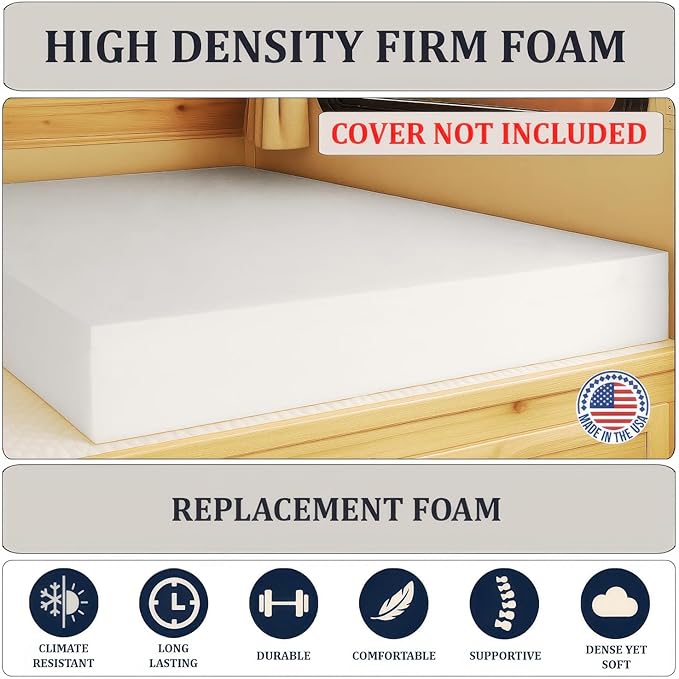 Foamma 1" x 32" x 75" Truck, Camper, RV High Density Foam Bunk Mattress Replacement, Made in USA, Comfortable, Travel Trailer, CertiPUR-US Certified, Cover Not Included