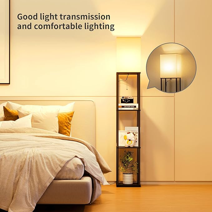 SUNMORY Floor Lamp with Shelves, Modern Square Standing Lamp with 3 Color Temperature Bulb, Corner Display Bookshelf Lamp for Living Room and Bedroom(Black)
