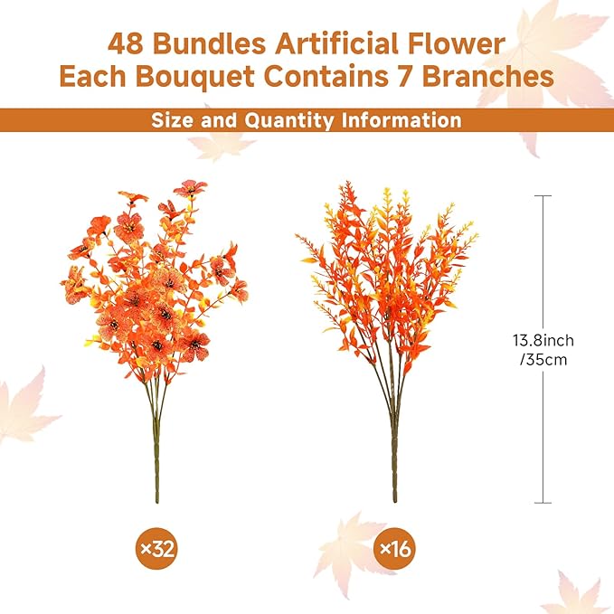 SHareconn 48 Bundles Artificial Fall Flowers for Outdoors Decoration, UV Resistant Silk Eucalyptus Lavender Faux Autumn Fake Plants for Outside Indoor Garden Yard Porch Home Decor, Sunset Red Orange