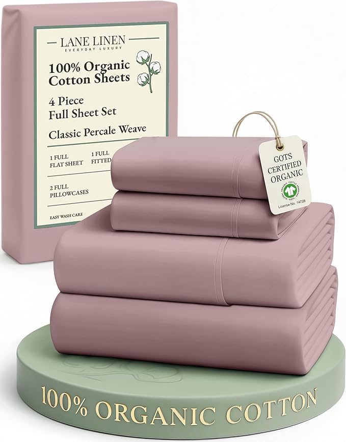 LANE LINEN Eco Friendly 100% Organic Cotton Bed Sheets Full Size, Fully Elasticized Reinforsed Seams, Machine Washable Naturally Cooling Full Sheet Deep Pocket Bedding- Lilac