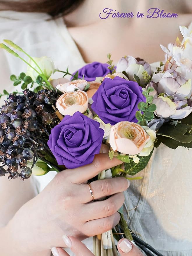 MACTING 60PCS Artificial Rose Flowers Real Touch Foam Flowers with Stem Fake Purple Roses for DIY Wedding Bouquet Table Centerpieces Party Holiday Home Indoor Outdoor Spring Mothers Day Decorations