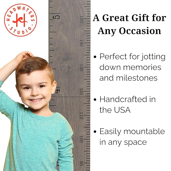 HEADWATERS STUDIO Height Ruler for Wall - Child Height Wall Chart, Height Chart for Kids Growth Chart for Wall Growth Chart Wood, Wooden Growth Chart for Wall - Gray w/Inches - 63"x5.75"