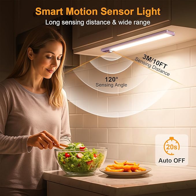 Gritin 10.2inch Under Cabinet Lighting Rechargeable -84 LED Super Bright,3-Color& 5 Level Brightness,4 Modes,Motion Sensor, Long Lasting- Easy Installation Magnetic Closet Lights -2 Pack-Mauve