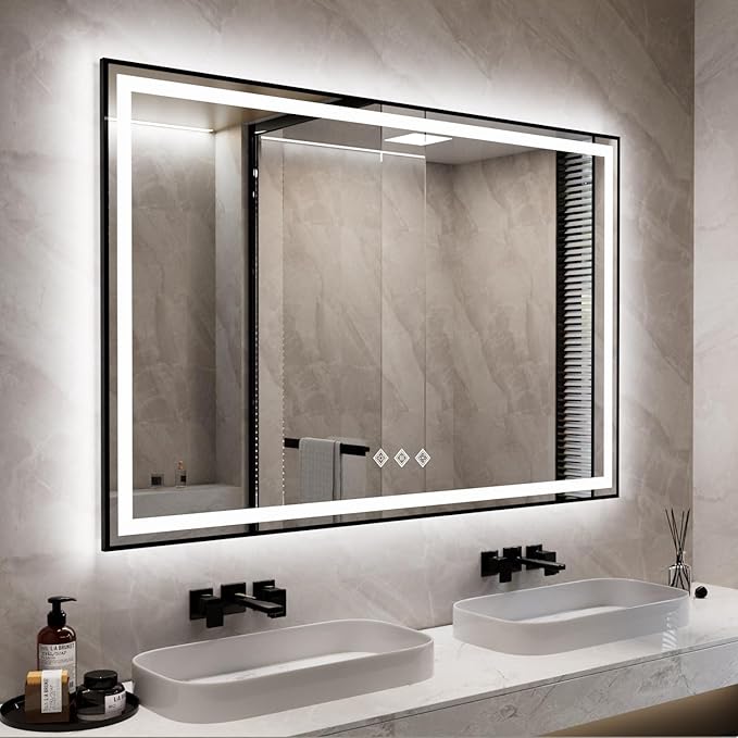 LED Bathroom Mirror, 60x40 Inch Black Framed Gradient Front and Backlit Bathroom Mirror with LED Lights, 3 Colors Dimmable CRI>90, IP54 Enhanced Anti-Fog Wall Mounted Backlit Mirror