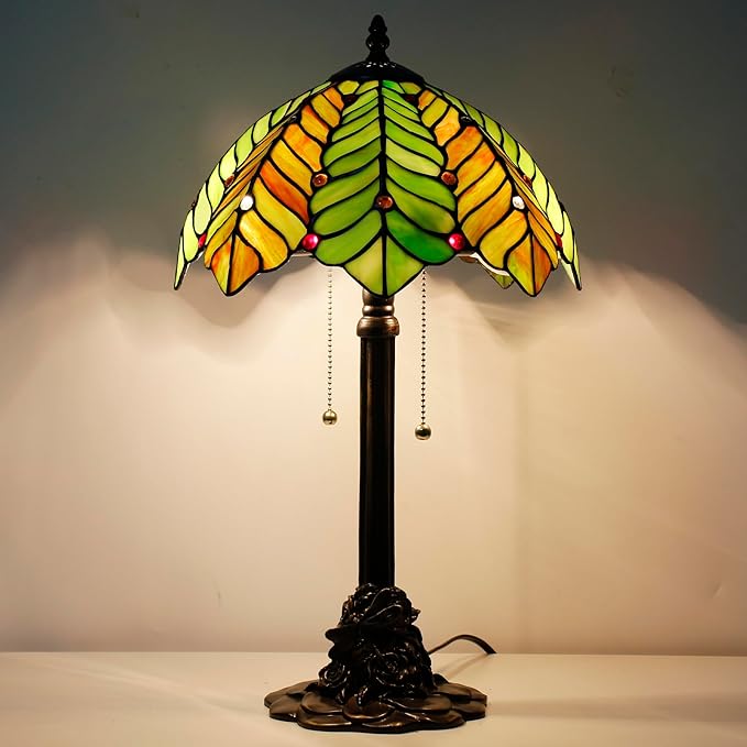 Tiffany Stained Glass Table Lamp 12X12X21Inch Resin Base Desk Bedroom Living Room Reading Light (Brown Green Leaf)