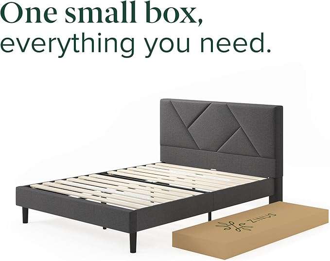 ZINUS Judy Upholstered Platform Bed Frame, Mattress Foundation, Wood Slat Support, No Box Spring Needed, Eco Friendly WonderBox (TM), Easy Assembly, Dark Grey, Queen