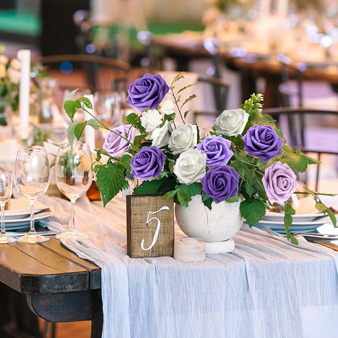 JOYLEX Artificial Flowers Realistic Roses, 50pcs Real Looking Fake Roses with Stem for DIY Wedding Bouquets Centerpieces Bridal Shower Party Home Romantic Decorations (50pcs, Shades of Purple)