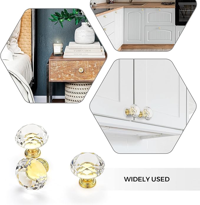Ravinte 15 Pack Crystal Drawer Knobs - Glass Cabinet Knobs, Diamond Shaped, 30 mm with Gold Base