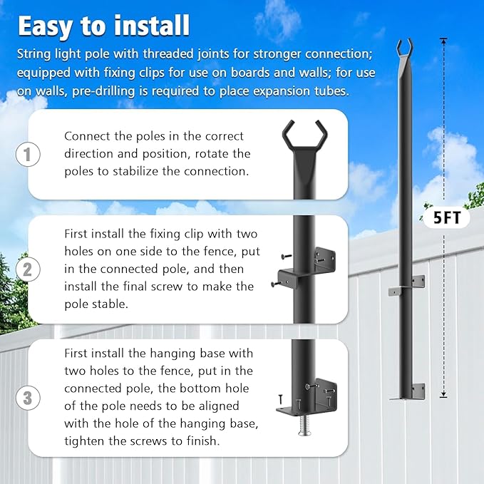10 Pack 5Ft String Light Poles,Outside String Lights,Outdoor Light Poles,Metal Poles Stand for Patio,Backyard,Deck