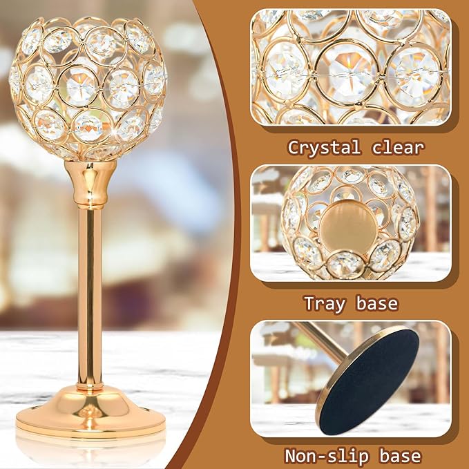 12pcs Bulk Crystal Candle Holder Set, 3 Sizes Tealight Candlestick Holders, Elegant Gold Candelabra for Wedding Table Centerpiece, Fireplace, Home & Living Room Decor